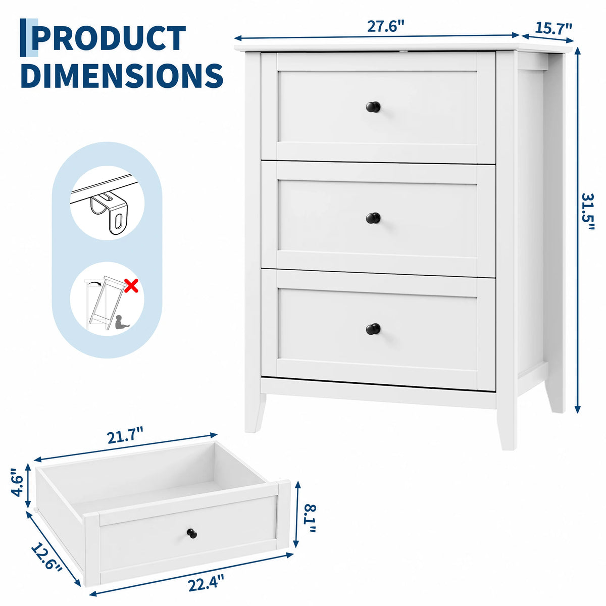 Modern 3 Drawer Bedroom Nightstand Storage Cabinet With Easy Assembly