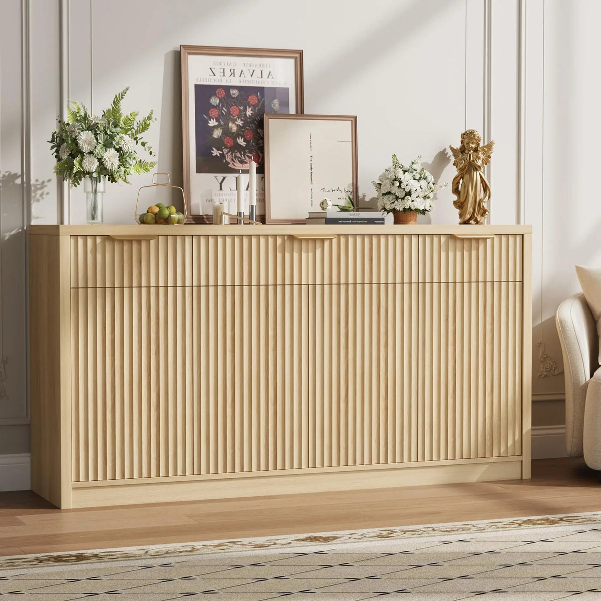 HiMISS Fluted Buffet Sideboard Cabinet With Drawers, Doors And Shelves