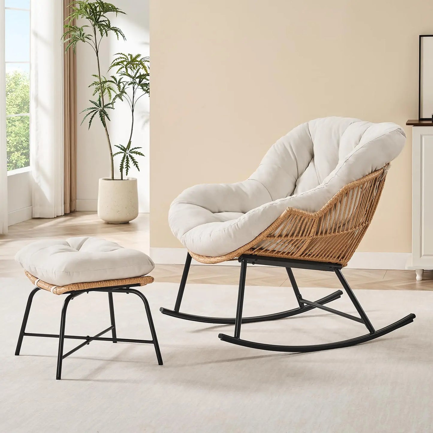 ONBRILL Papasan Rocking Chair With Ottoman Outdoor Wicker Rattan Lounge