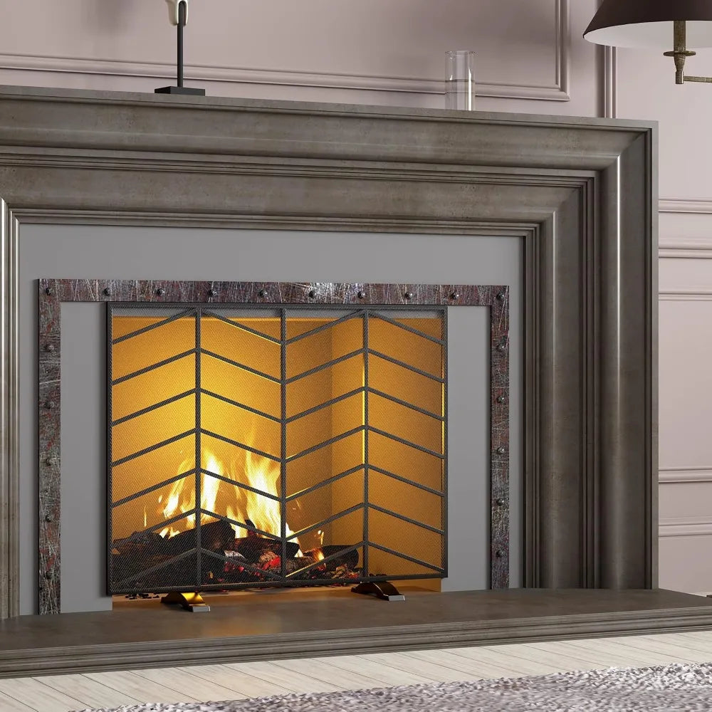 Handcrafted Wrought Iron Chevron Mesh Single Panel Fireplace Screen
