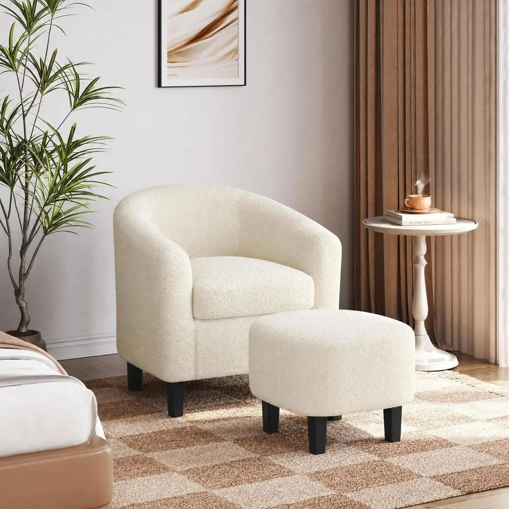Barrel Chair With Ottoman Set in Boucle Fabric for Living Room