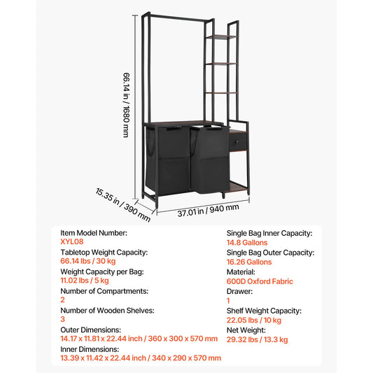 SucceBuy Laundry Sorter Hamper With Metal Frame Freestanding Organizer Baskets