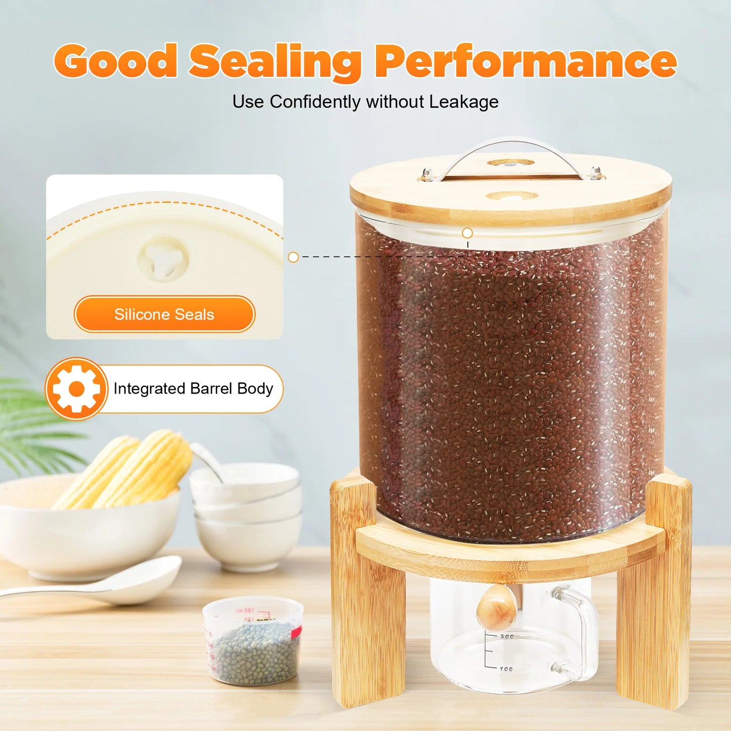 Airtight Glass Food Storage Dispenser With Bamboo Lid Cup Stand