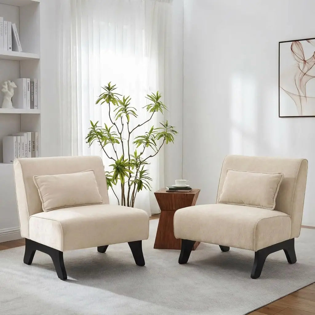 Modern Armless Accent Chair Set of 2, Wooden Legs & Pillows, Comfy Lounge Sofa Side Chair for Living Room, Custom