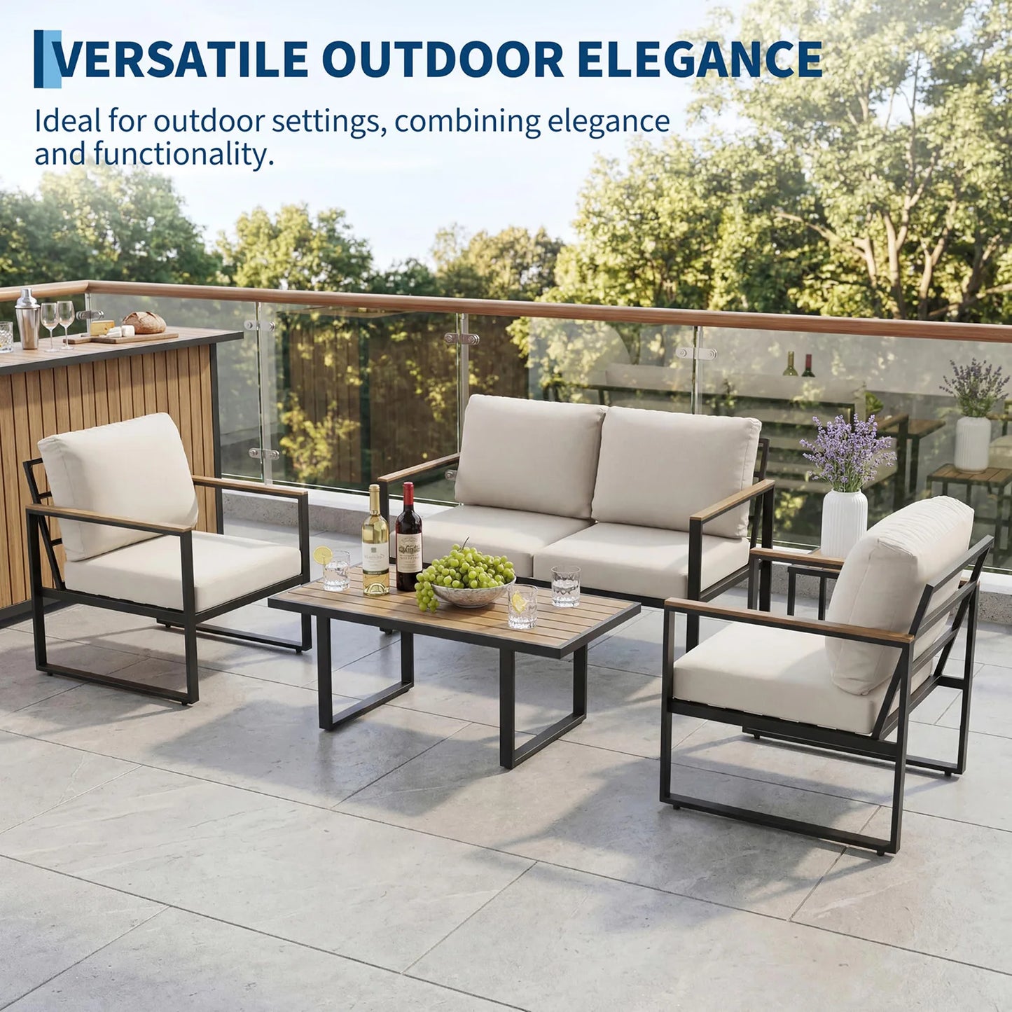 HobbyLane Modern 4 Piece Patio Set With Coffee Table Cushions