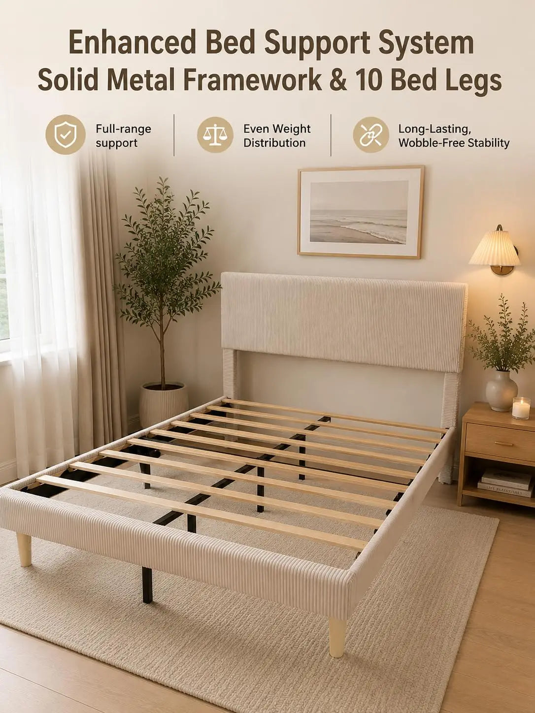 Bed Frame With Headboard And LED Lighting Wooden Slats Support