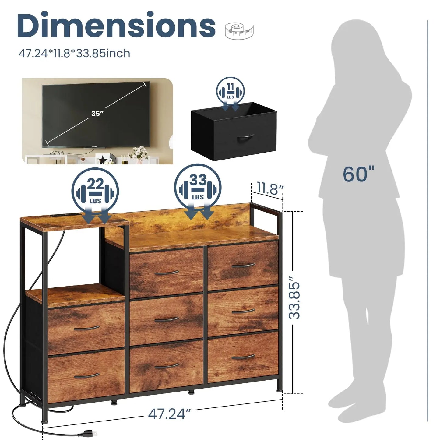 JHK TV Stand Cabinet With 8 Fabric Drawers And Charging