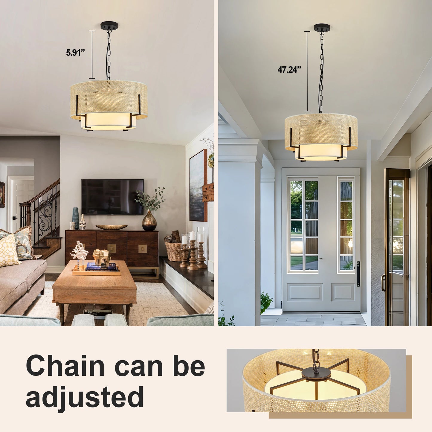 Zhikea Farmhouse Boho Chandelier With Rattan And Fabric Shade