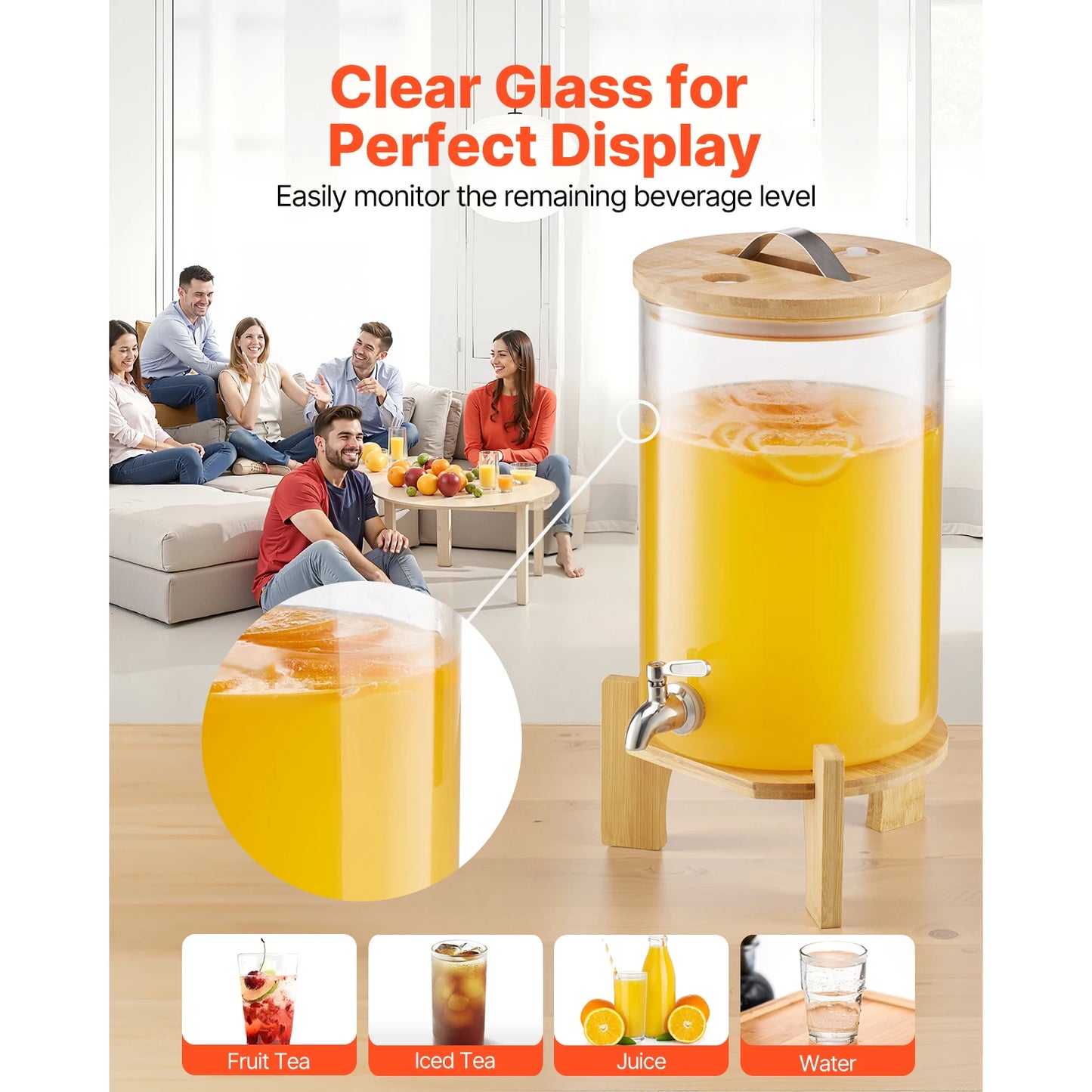 SucceBuy Glass Beverage Dispenser With Wood Stand For Parties