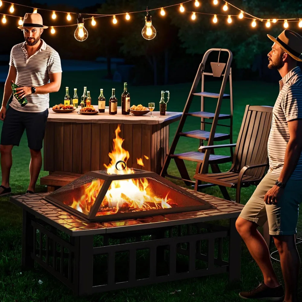 Metal Square Fire Pit Table With Spark Screen Outdoor Cover
