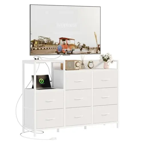JHK TV Stand Cabinet With 8 Fabric Drawers And Charging