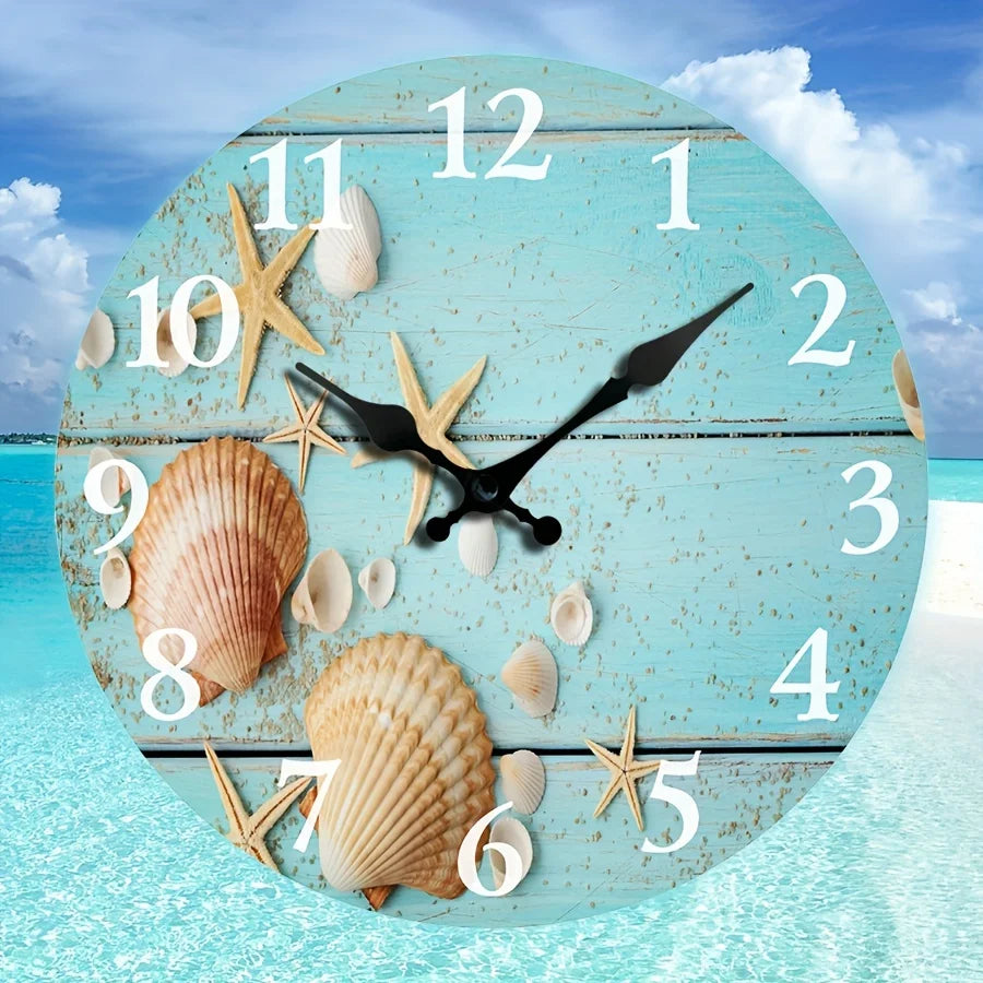 1pc Tropical Summer Seashells Starfish With Sand On Blue Wooden Round Wall Clock, Oil Painting Home Office School Decorative Cre