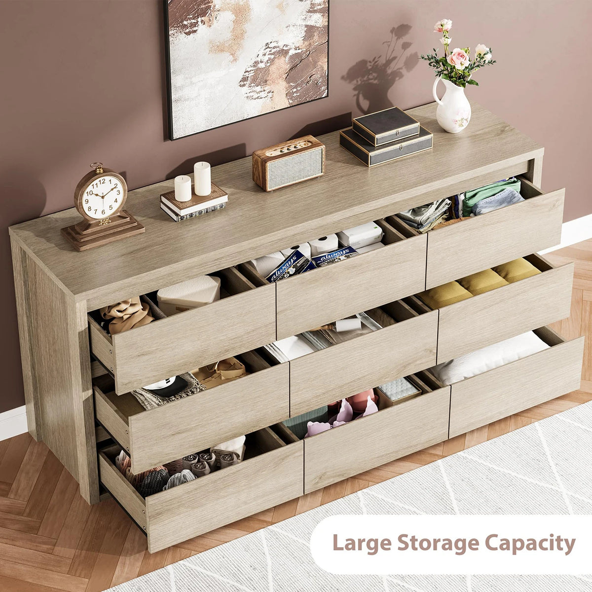 Acekool Modern Wood Dresser With 9 Drawers And Handleless Design
