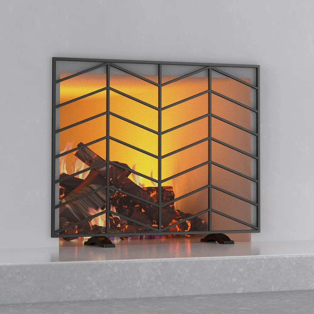 Handcrafted Wrought Iron Chevron Mesh Single Panel Fireplace Screen