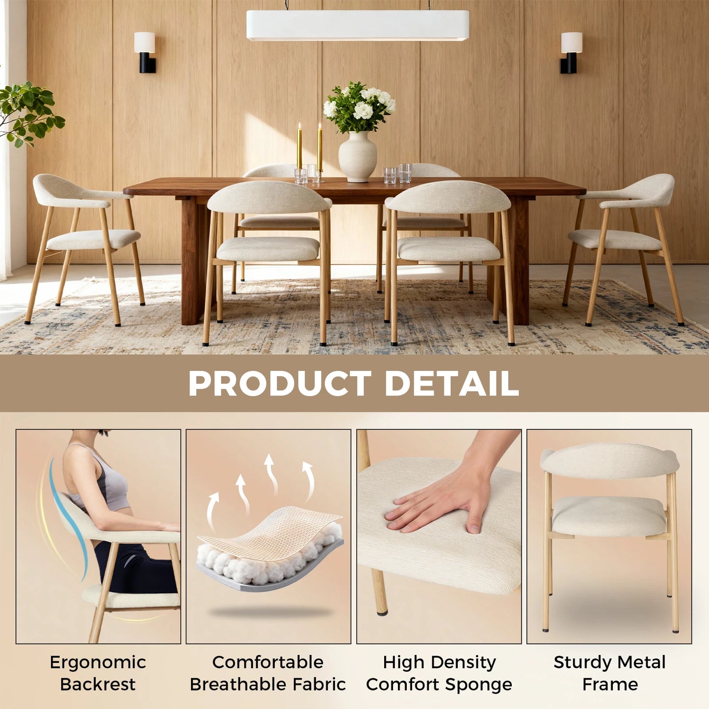 JHK Linen Fabric Upholstered Living Chairs Set of 2 Modern Farmhouse Kitchen Side Chairs with Curved Backrest and Metal Legs Accent Chairs for Dining Room