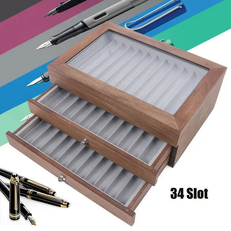 Pen Storage Case 34 Slots Wood Cabinet With Drawer