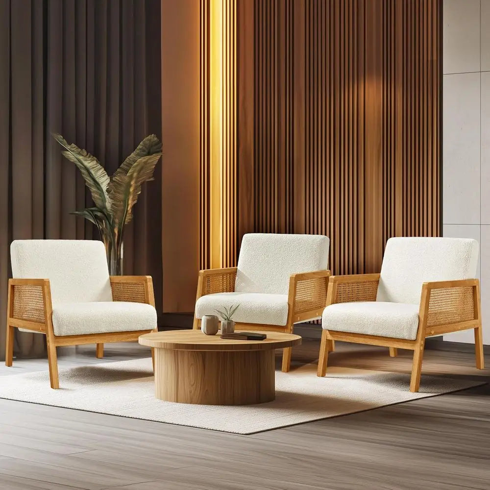 Rattan Accent Chairs Set of 2 Boho Boucle Fabric Armchairs