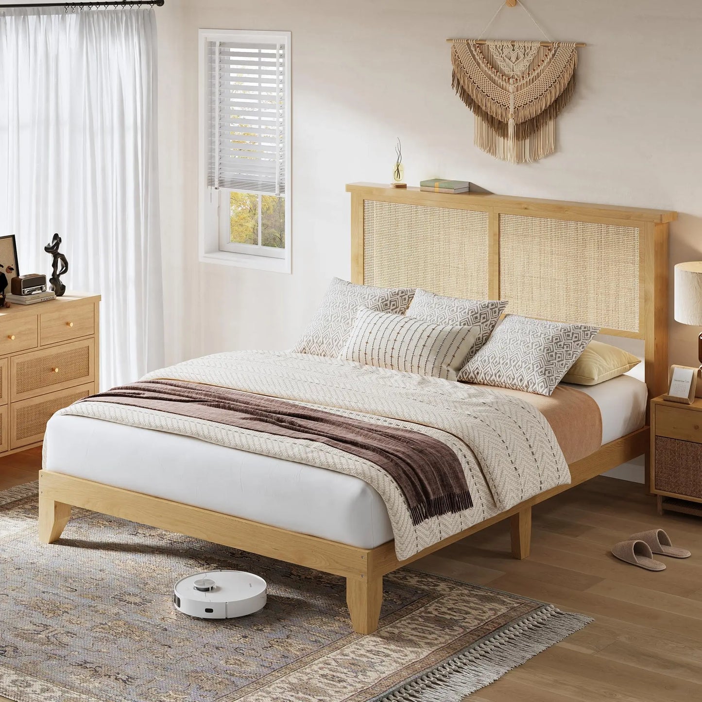 Rattan Bed Frame With LED Lights Boho Platform Bed