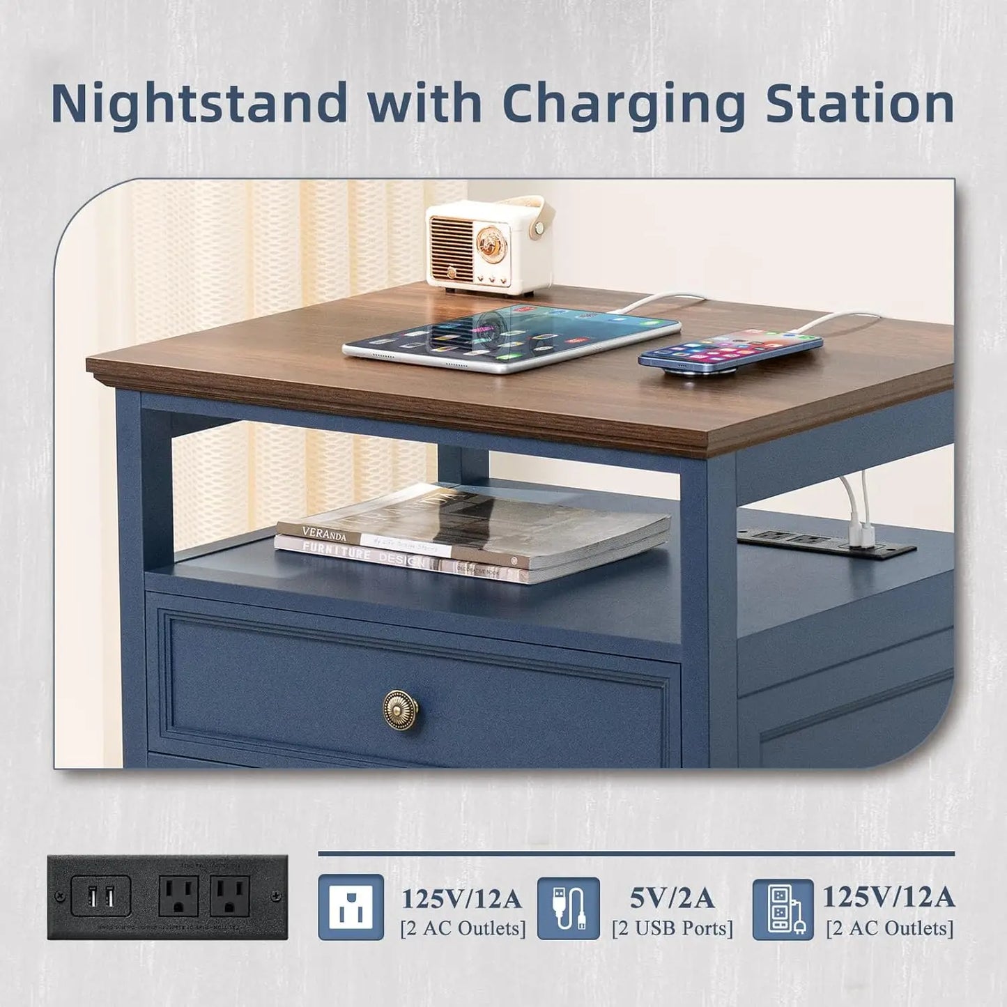 Farmhouse Nightstand With Charging Station