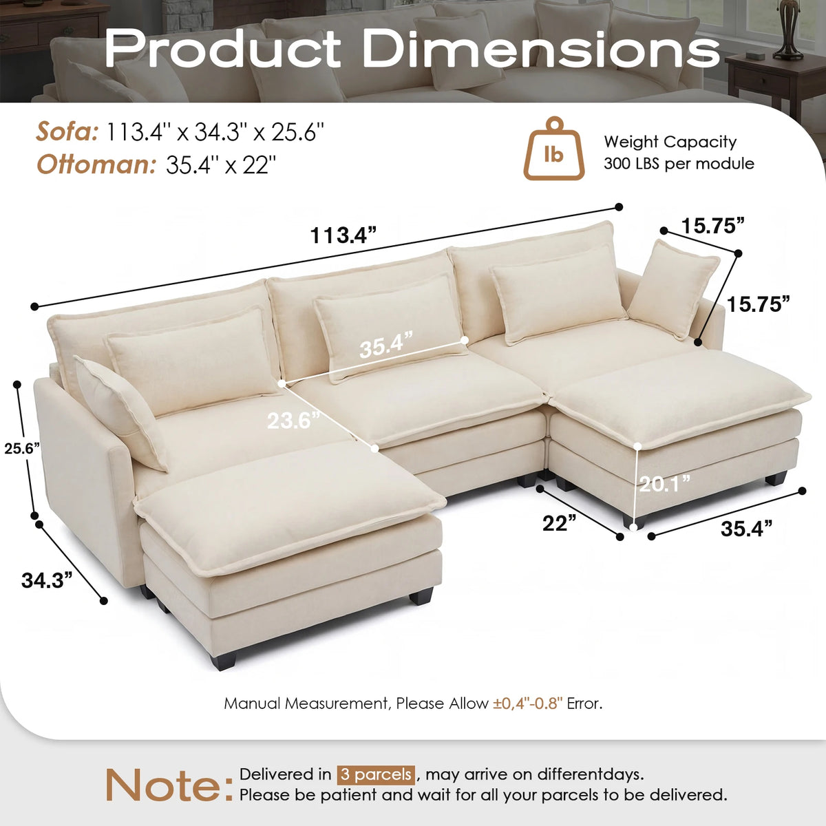 Modular Sectional Sofa With Ottoman, Deep Seat Cloud Couch