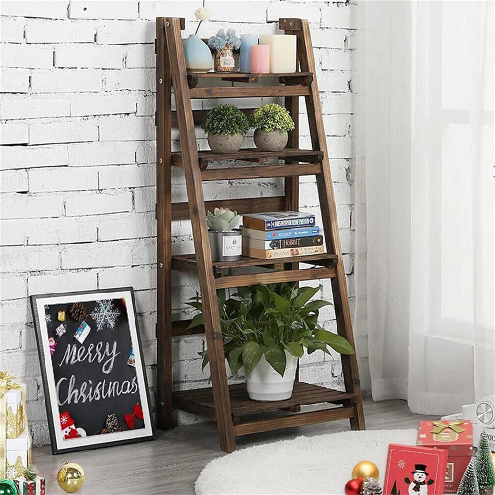 Folding Four Tier Ladder Shelf Wooden Display Rack For Home