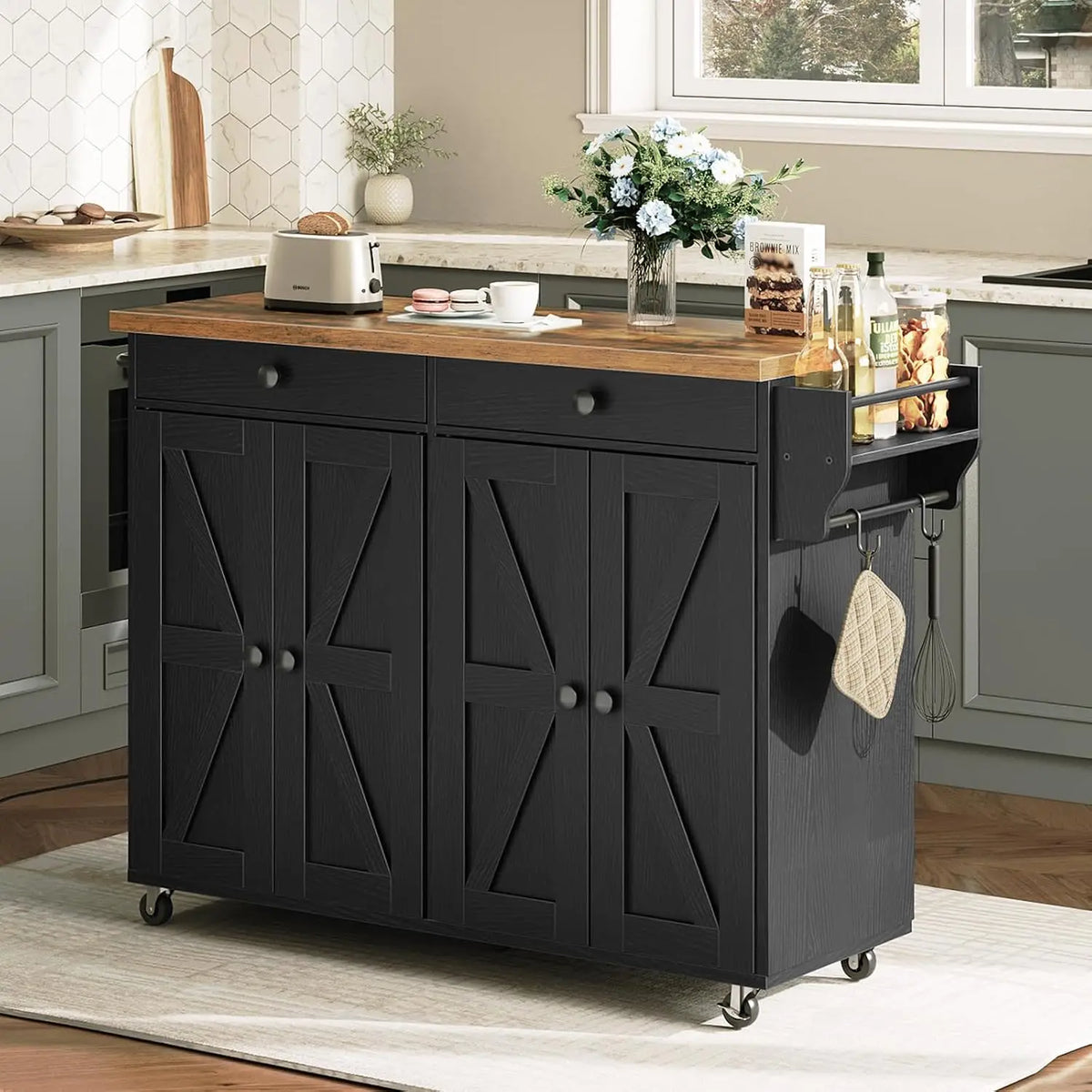 Rolling Kitchen Island Cart With Power Outlet And Storage