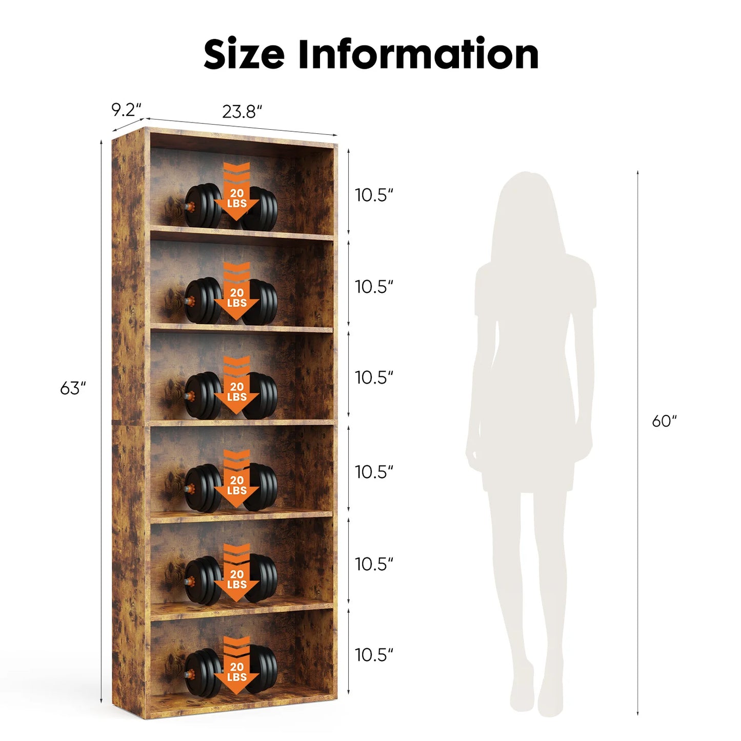 JHK 6 Tier Wooden Shelf Bookcase Modern Floor Standing