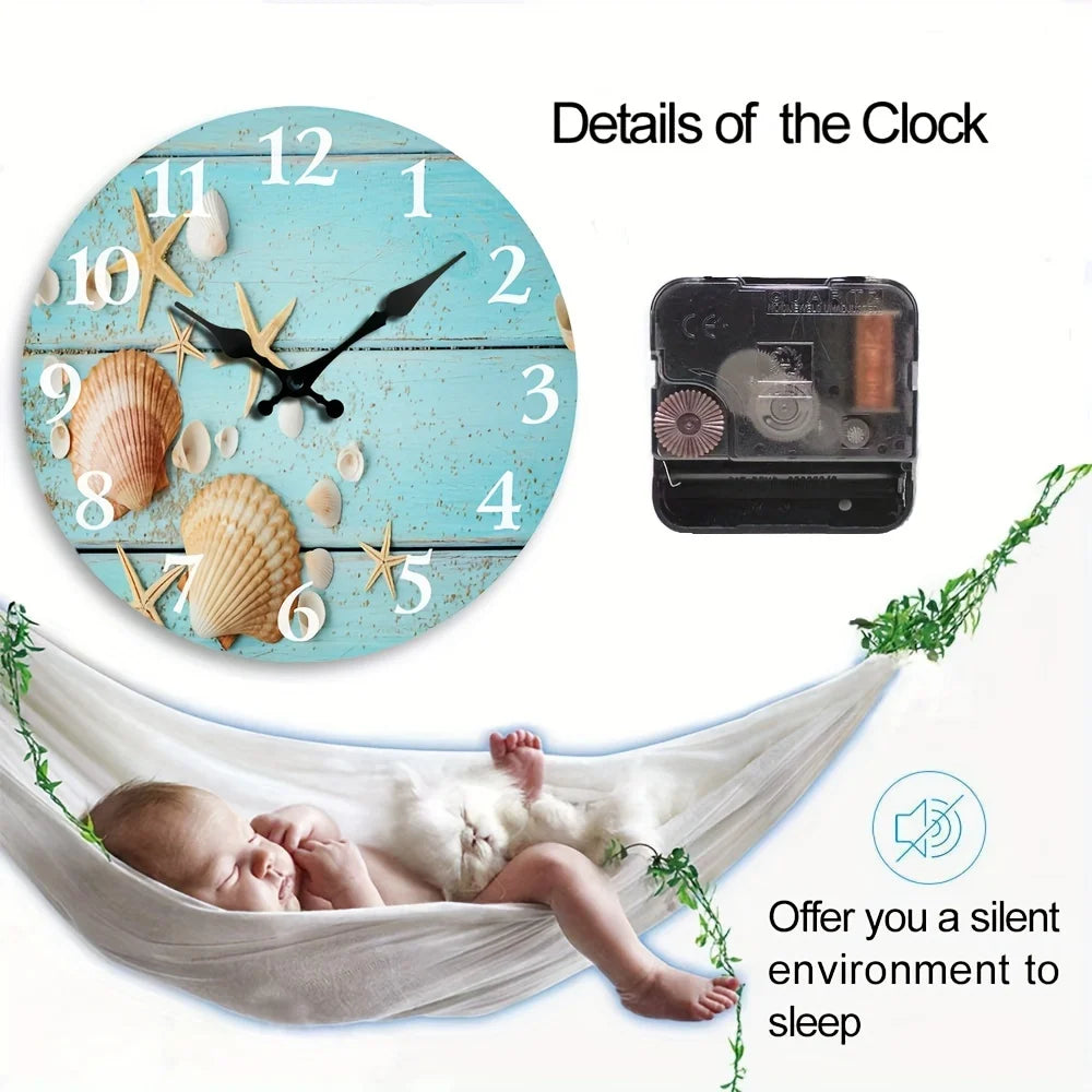 1pc Tropical Summer Seashells Starfish With Sand On Blue Wooden Round Wall Clock, Oil Painting Home Office School Decorative Cre