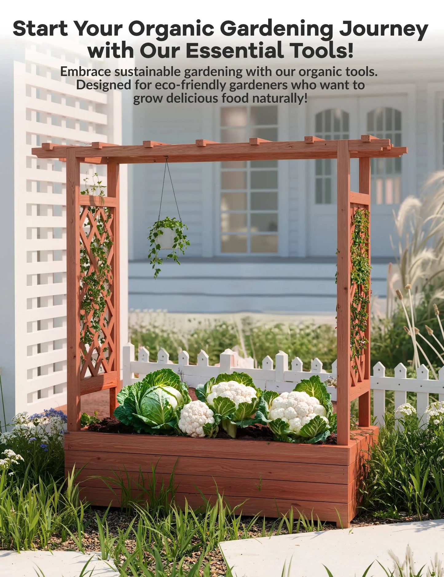 HiMISS Elevated Wooden Raised Garden Bed With Trellis Planter