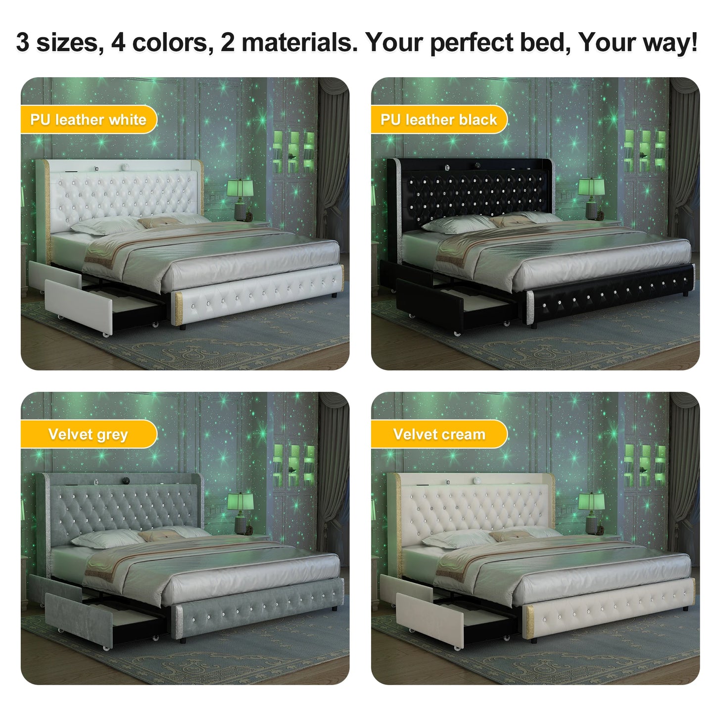 GEGOFORU Queen LED Bed Frame With Galaxy Projector Bluetooth Speaker USB Ports