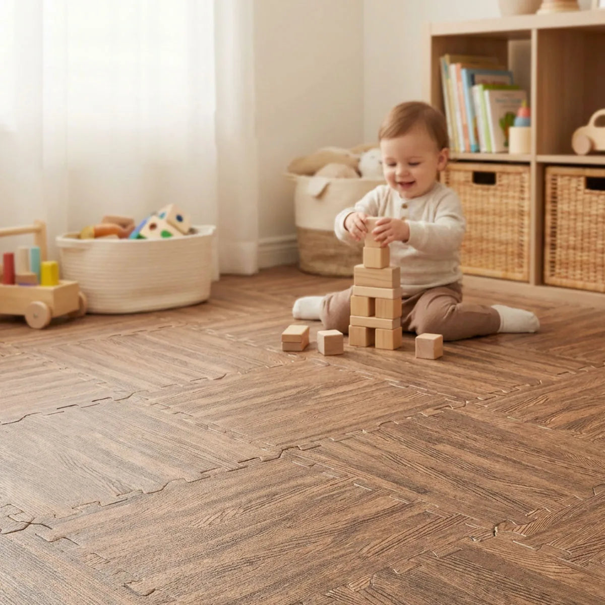 Wood Grain Interlocking EVA Foam Floor Tiles, 24 Pack 30x30cm Waterproof Puzzle Exercise Mat, 1cm Thick Noise Reduction Non Slip Foam Flooring for Living Room Bedroom Gym Kids Playroom