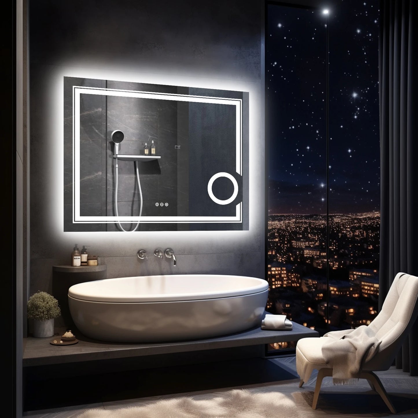 LED Lighted Smart Bathroom Mirror With 3x Magnifier Dimmable AntiFog