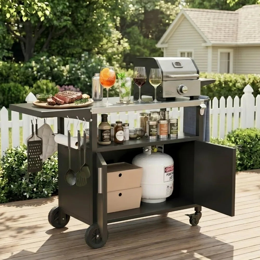 Outdoor Grill Cart Storage Kitchen Island With Foldable Steel Top