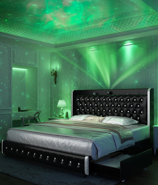 GEGOFORU Queen LED Bed Frame With Galaxy Projector Bluetooth Speaker USB Ports