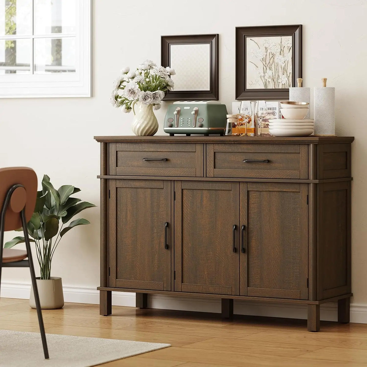 Onbrill Wood Buffet Cabinet With Three Doors And Two Drawers