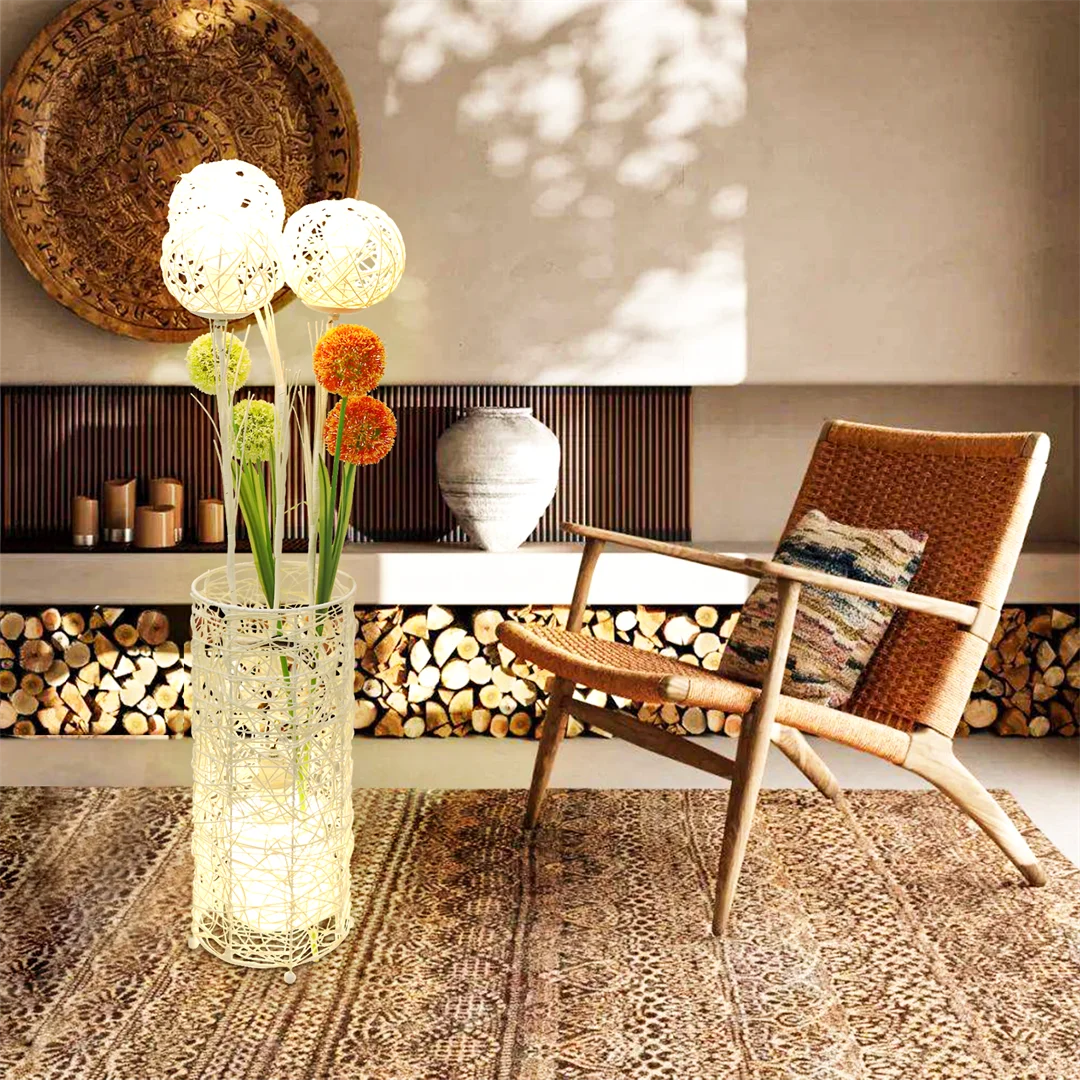 Contemporary Rattan Floor Lamp With Iron Base Decor