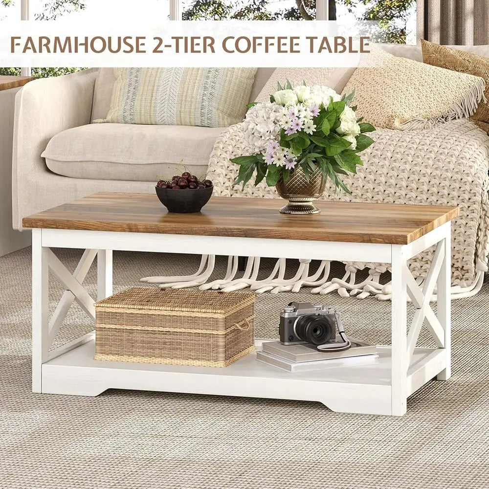 Rustic Armhouse Coffee Table Set With USB Charging Ports And End Tables