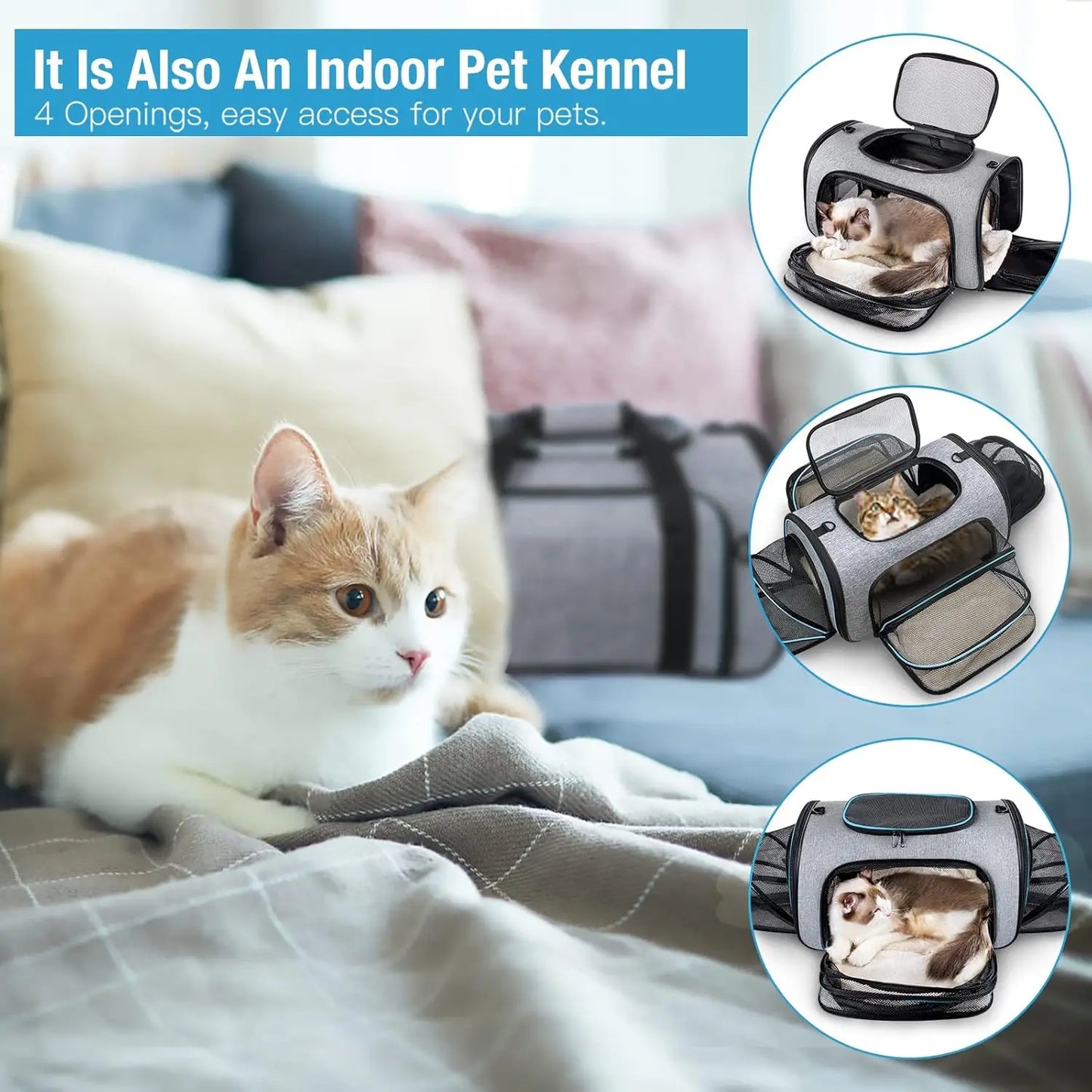 Airline Approved Expandable 4-Sided Cat Carrier With Fleece Pad
