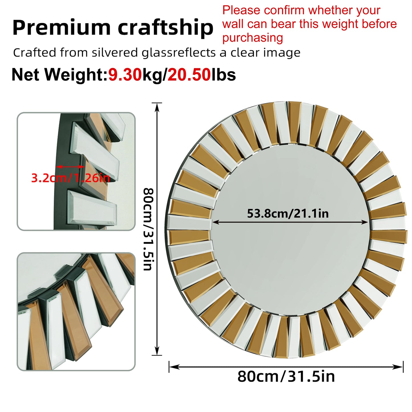 Round Starburst Decorative Wall Mirror For Bathroom Bedroom Living Room