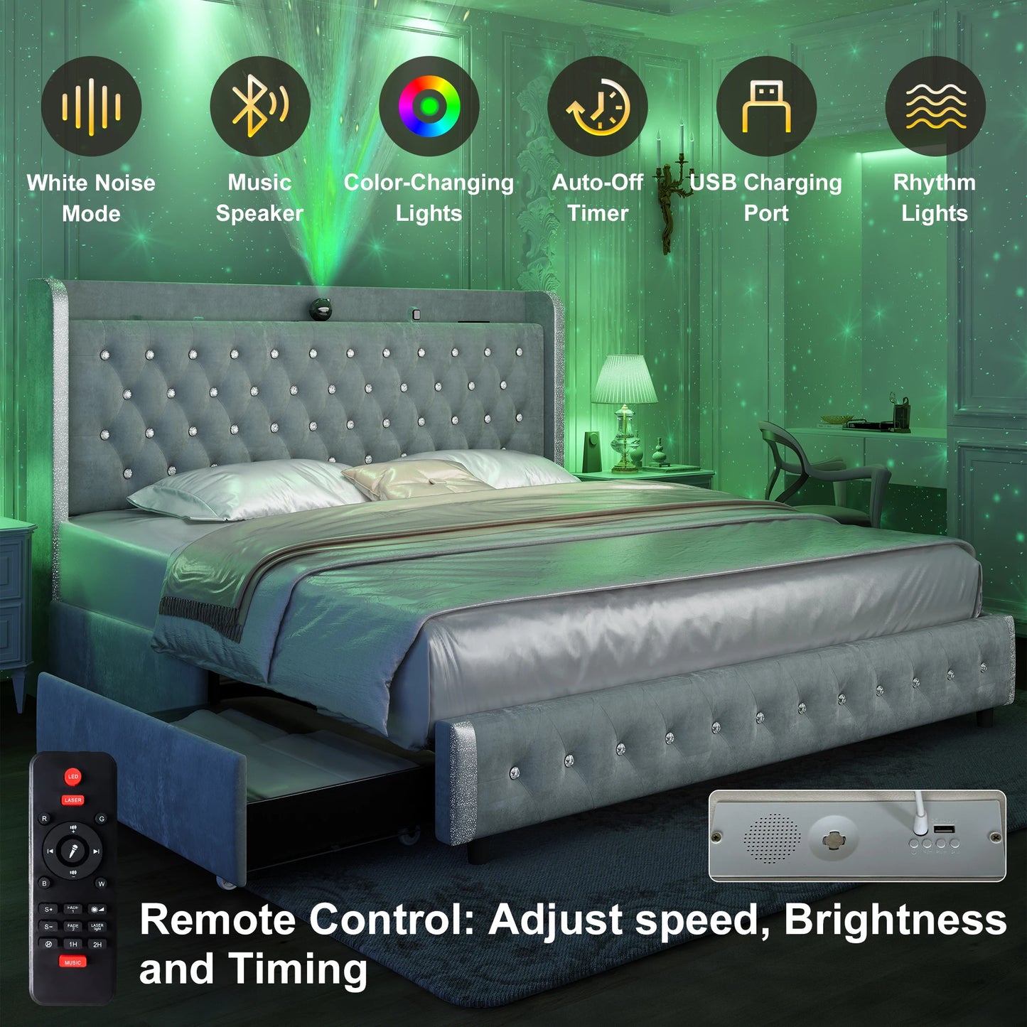 GEGOFORU Queen LED Bed Frame With Galaxy Projector Bluetooth Speaker USB Ports