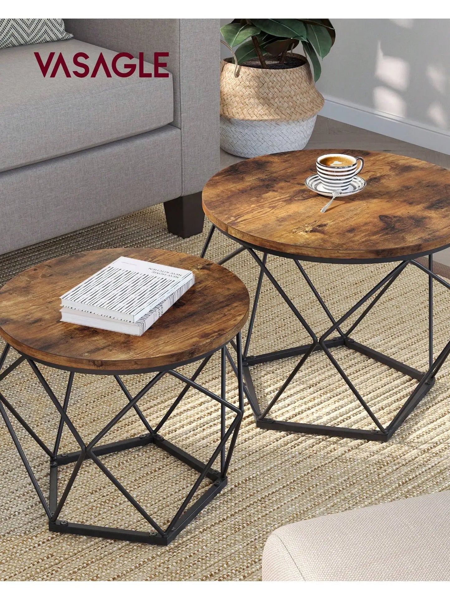 Round Coffee Table Set of 2 With Steel Frame for Living Room