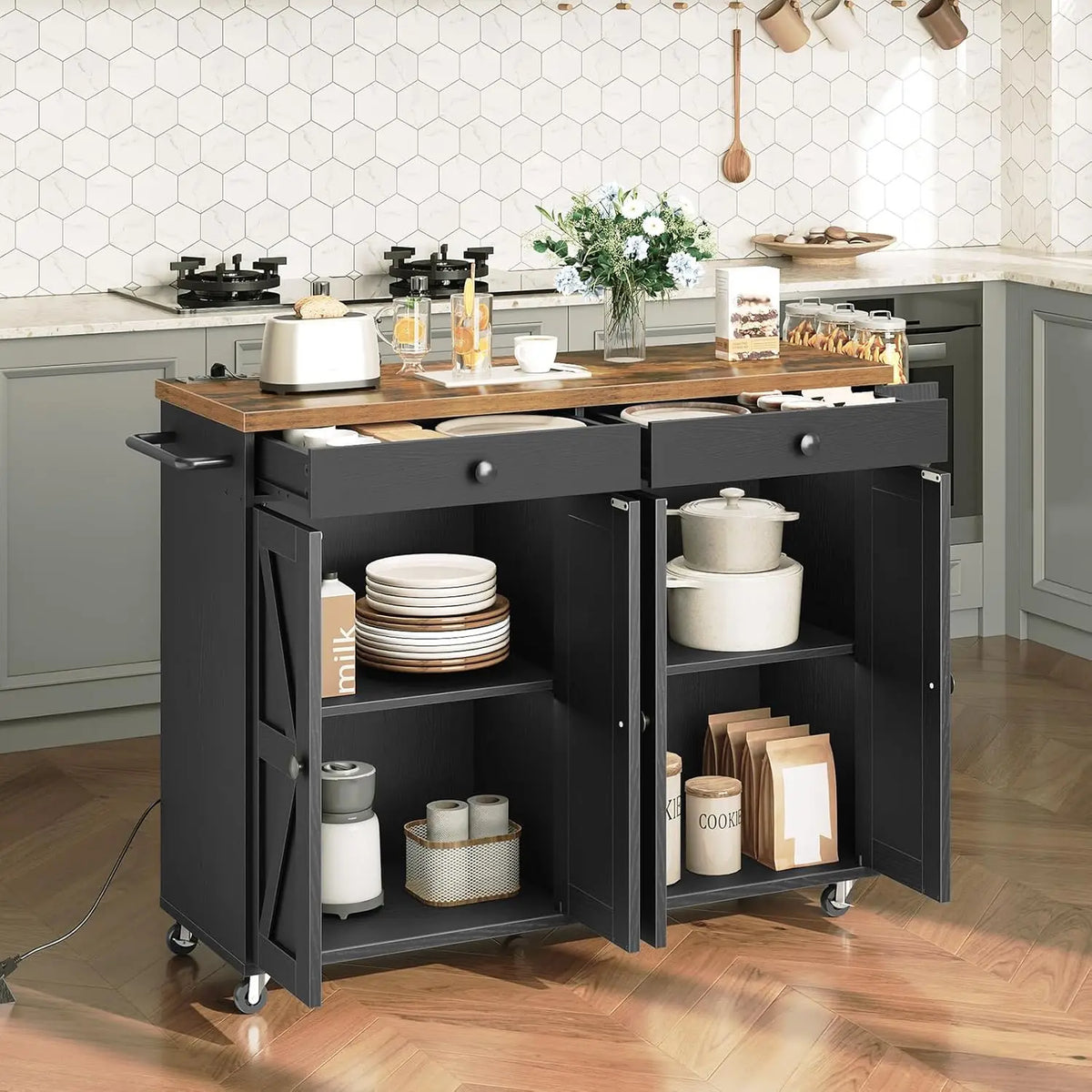 Rolling Kitchen Island Cart With Power Outlet And Storage