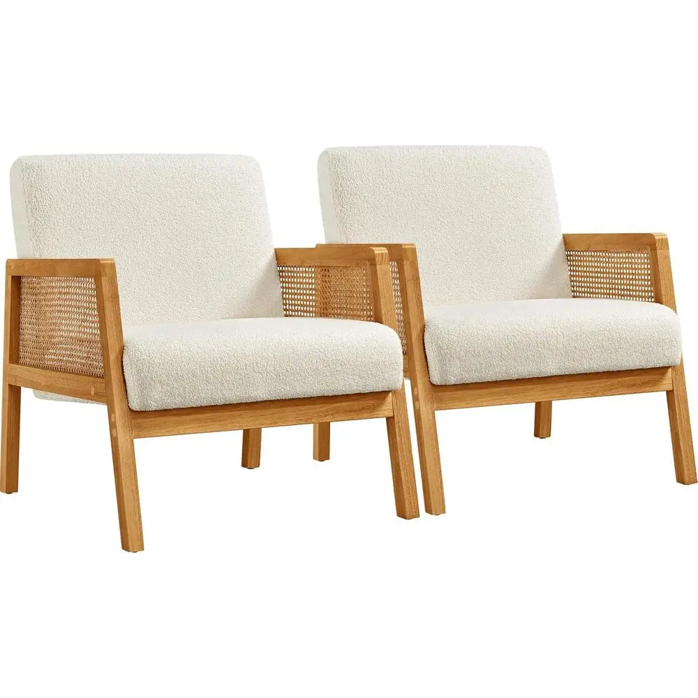 Rattan Accent Chairs Set of 2 Boho Boucle Fabric Armchairs