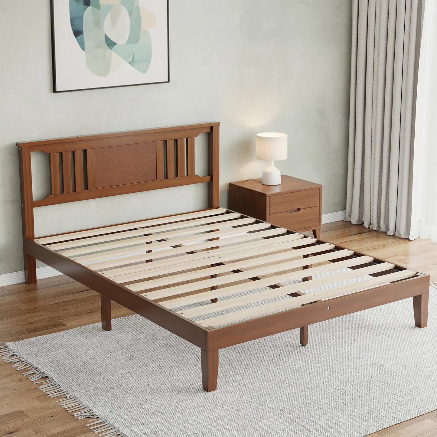 MCQ Wood Platform Bed Frame With Headboard Solid Pine Slat Support