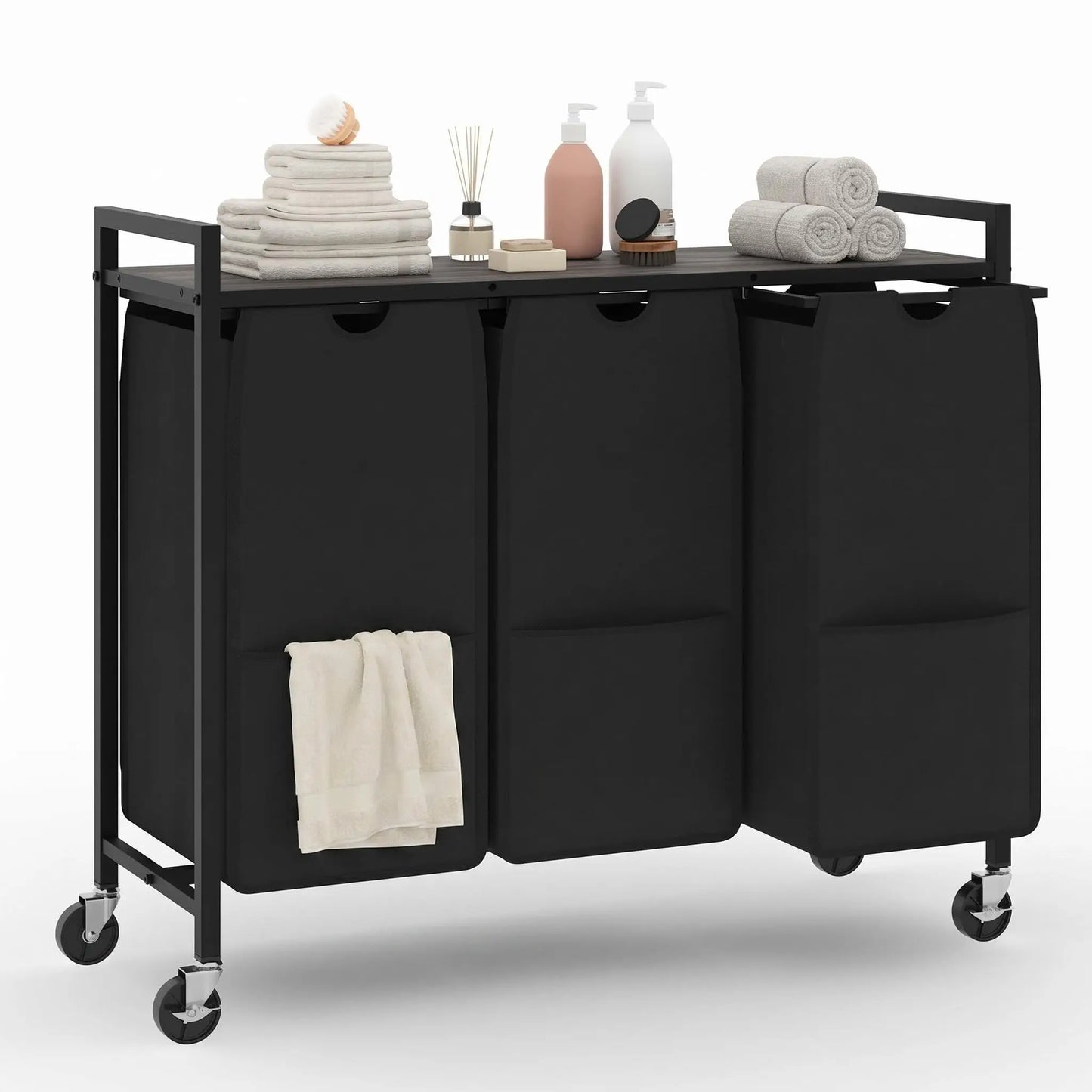 HiMISS Rolling Laundry Hamper With Shelf 3 Section Sorter