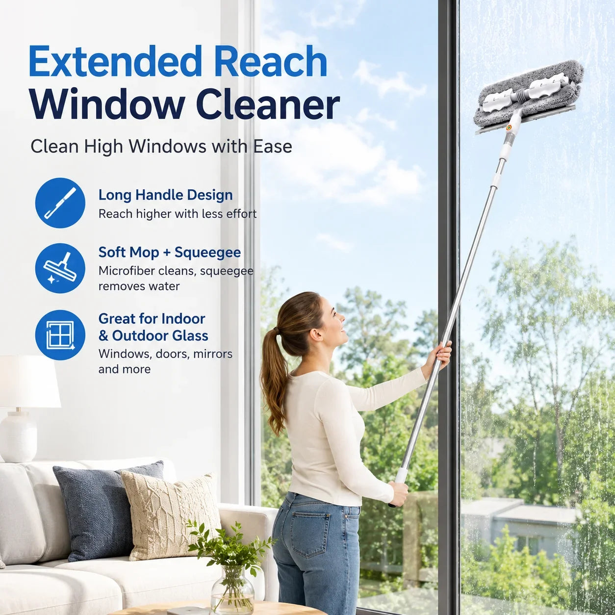 Joybos 2-in-1 Window Squeegee With Extendable Pole And Microfiber Pad
