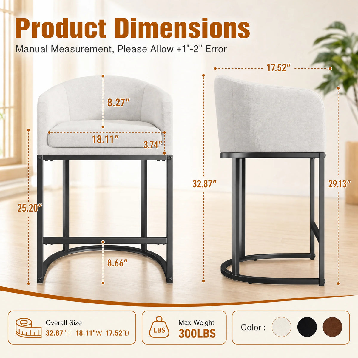 Modern Upholstered Counter Bar Stools With Curved Backrest And Armrests
