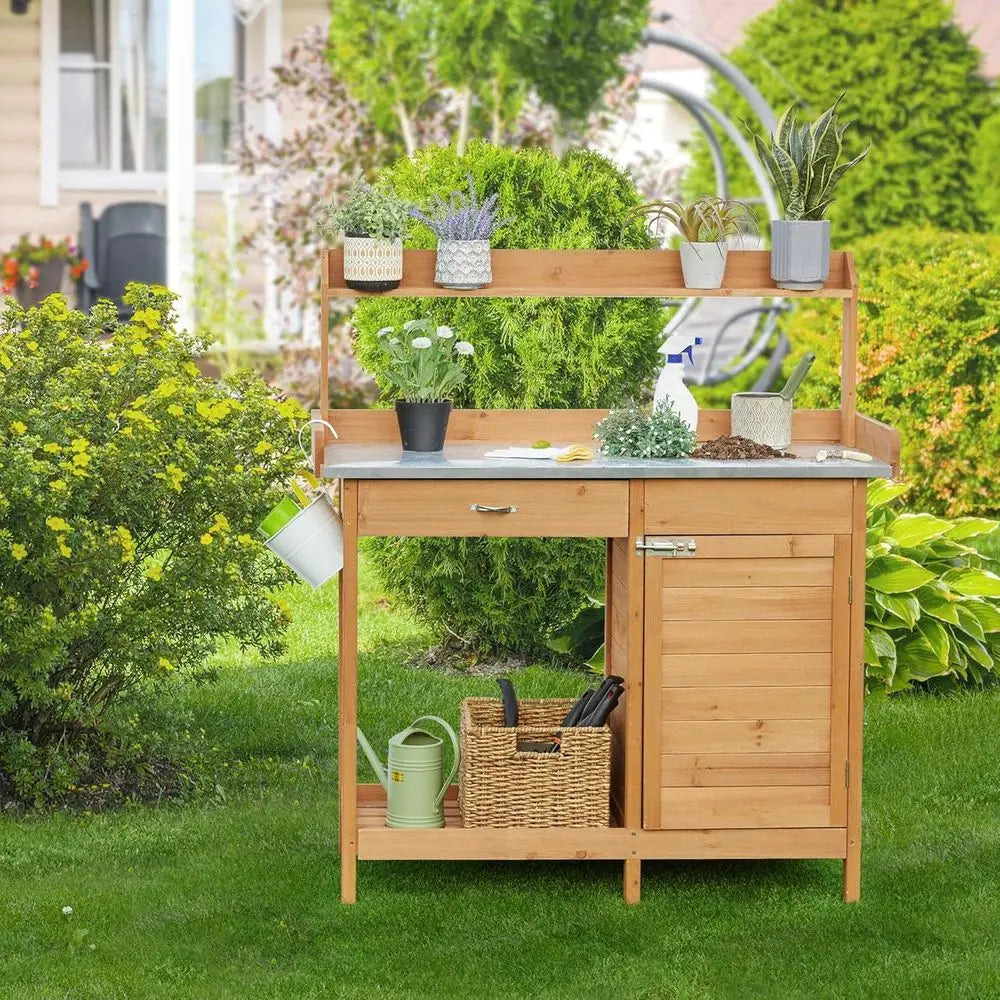 Wooden Outdoor Potting Bench With Metal Top Cabinet Drawer
