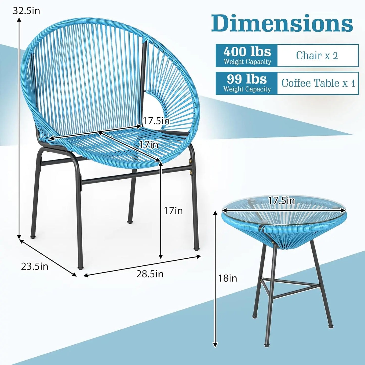 Outdoor 3 Piece Patio Furniture Set Acapulco Chairs Glass Table