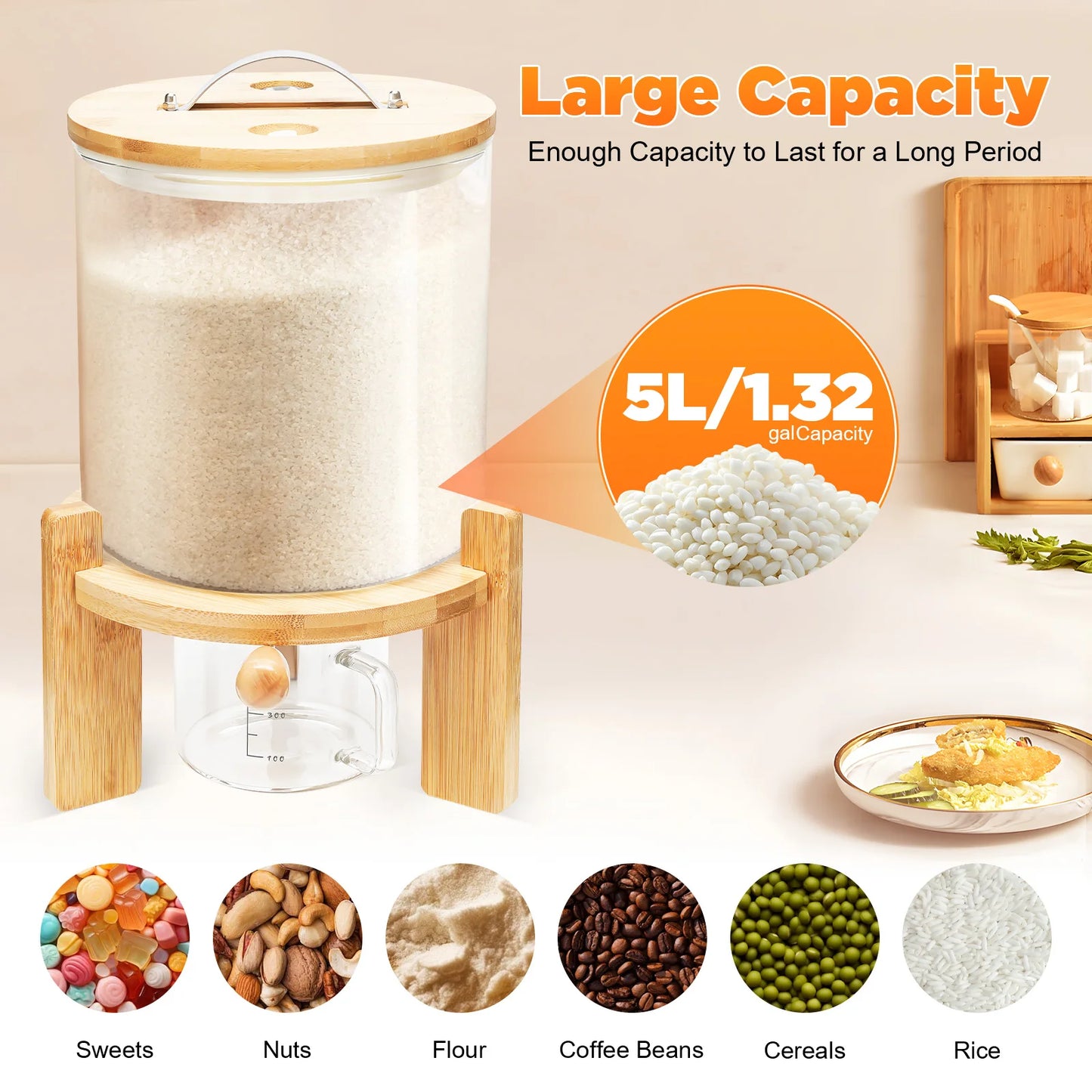Airtight Glass Food Storage Dispenser With Bamboo Lid Cup Stand